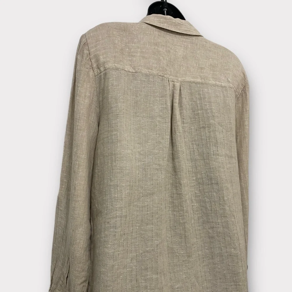 Chico's 100% Linen Tan Roll Tab Sleeve 1/2 Button Pullover Top Size Large - Picture 6 of 11